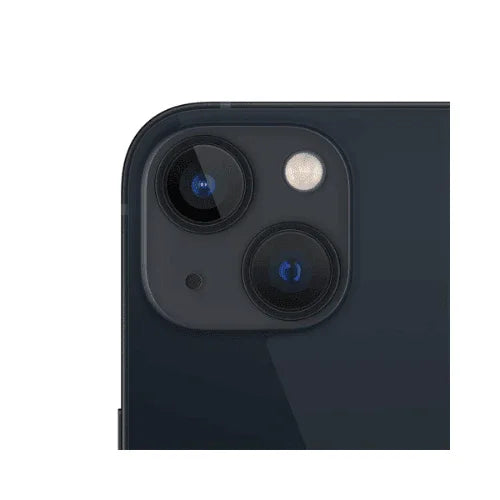 Close-up of the top back corner of a refurbished Apple iPhone 13 128GB Midnight Unlocked Smartphone (PARTS ONLY), highlighting two rear camera lenses, flash, and sensor on this affordable Apple device.