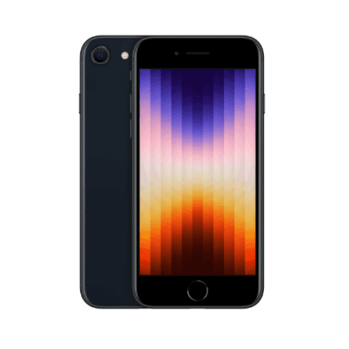 The Apple iPhone SE 2022 3rd Gen 64GB Midnight Smartphone (LOCKED) is shown from the front and back, screen on with a colorful vertical gradient. Powered by the Apple A15 Bionic chip. Brand: Apple.
