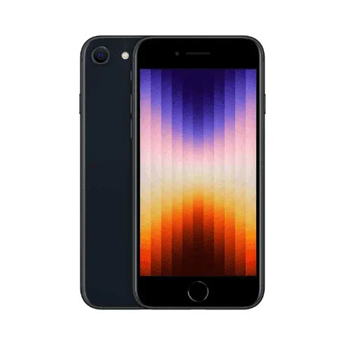 The Apple iPhone SE 2022 3rd Gen 64GB Midnight Smartphone (LOCKED) is shown from the front and back, screen on with a colorful vertical gradient. Powered by the Apple A15 Bionic chip. Brand: Apple.