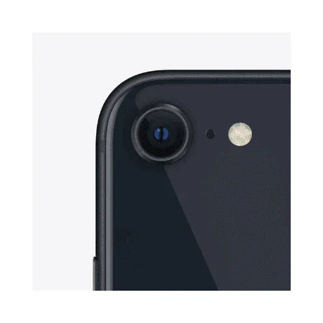 Close-up of the top corner of an Apple iPhone SE 2022 3rd Gen 64GB Midnight Smartphone (LOCKED), showing its camera lens, flash, and microphone on a white background.