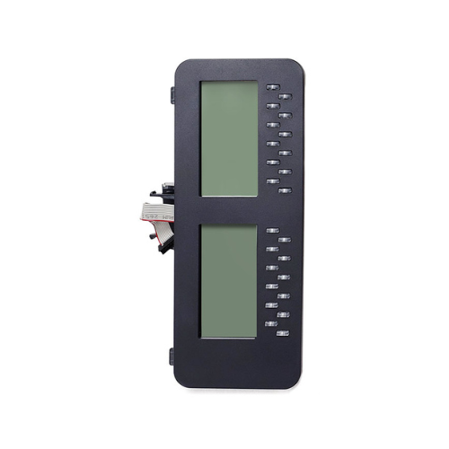 The Avaya JBM24 Button Module 700513570, a black rectangular device by Avaya, features two square green screens, multiple translucent buttons for call management on the right, and a wiring connector on the left.