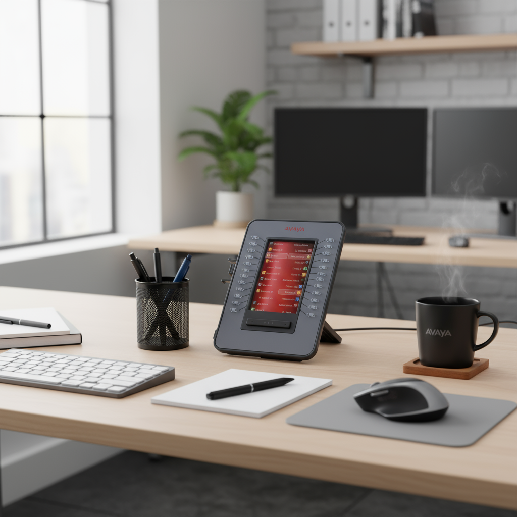 A tidy office desk with keyboard, mouse, notepad, pens in a holder, coffee mug, and an Avaya JEM24 Expansion Module 700514337 (24 Button) for J169/J179 phones by Avaya adds to the professional phone system in a modern workspace.