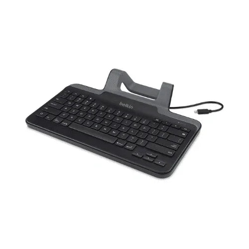 The Belkin B2B130 Tablet Keyboard with Stand for iPad is a black refurbished keyboard featuring a standard layout, USB connector, and built-in stand for stable use on flat surfaces.