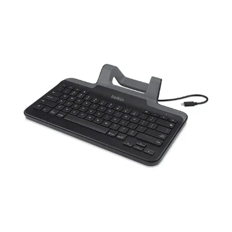 The Belkin B2B130 Tablet Keyboard with Stand for iPad is a black refurbished keyboard featuring a standard layout, USB connector, and built-in stand for stable use on flat surfaces.