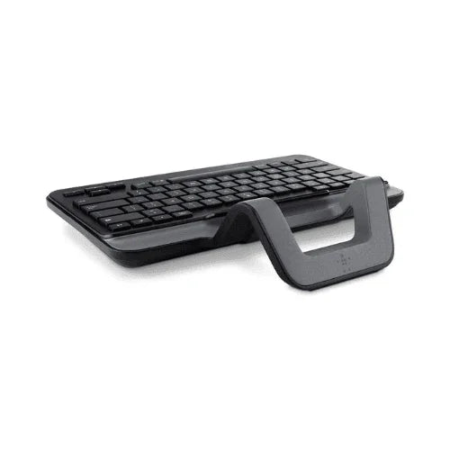 The Belkin B2B130 Tablet Keyboard with Stand for iPad is a sleek black wireless keyboard featuring an integrated U-shaped stand—ideal as an iPad keyboard or as a refurbished Belkin B2B130 alternative.