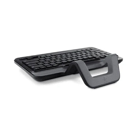 The Belkin B2B130 Tablet Keyboard with Stand for iPad is a sleek black wireless keyboard featuring an integrated U-shaped stand—ideal as an iPad keyboard or as a refurbished Belkin B2B130 alternative.
