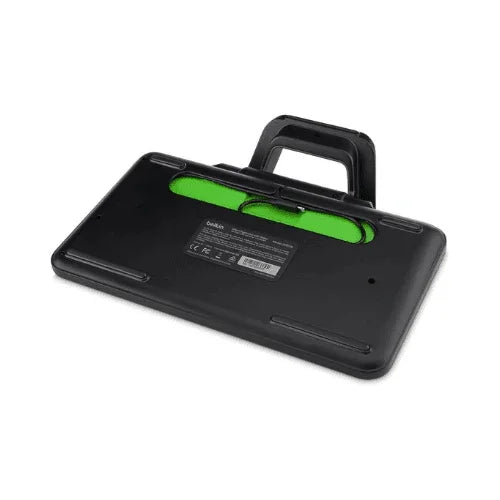 A black and green Belkin B2B130 Tablet Keyboard with Stand for iPad | Wty is shown from the back, featuring a partially extended handle, reinforced corners, and a technical label—ideal for secure tablet keyboard use.