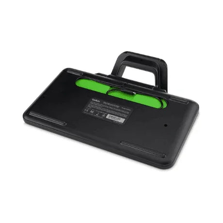 A black and green Belkin B2B130 Tablet Keyboard with Stand for iPad | Wty is shown from the back, featuring a partially extended handle, reinforced corners, and a technical label—ideal for secure tablet keyboard use.