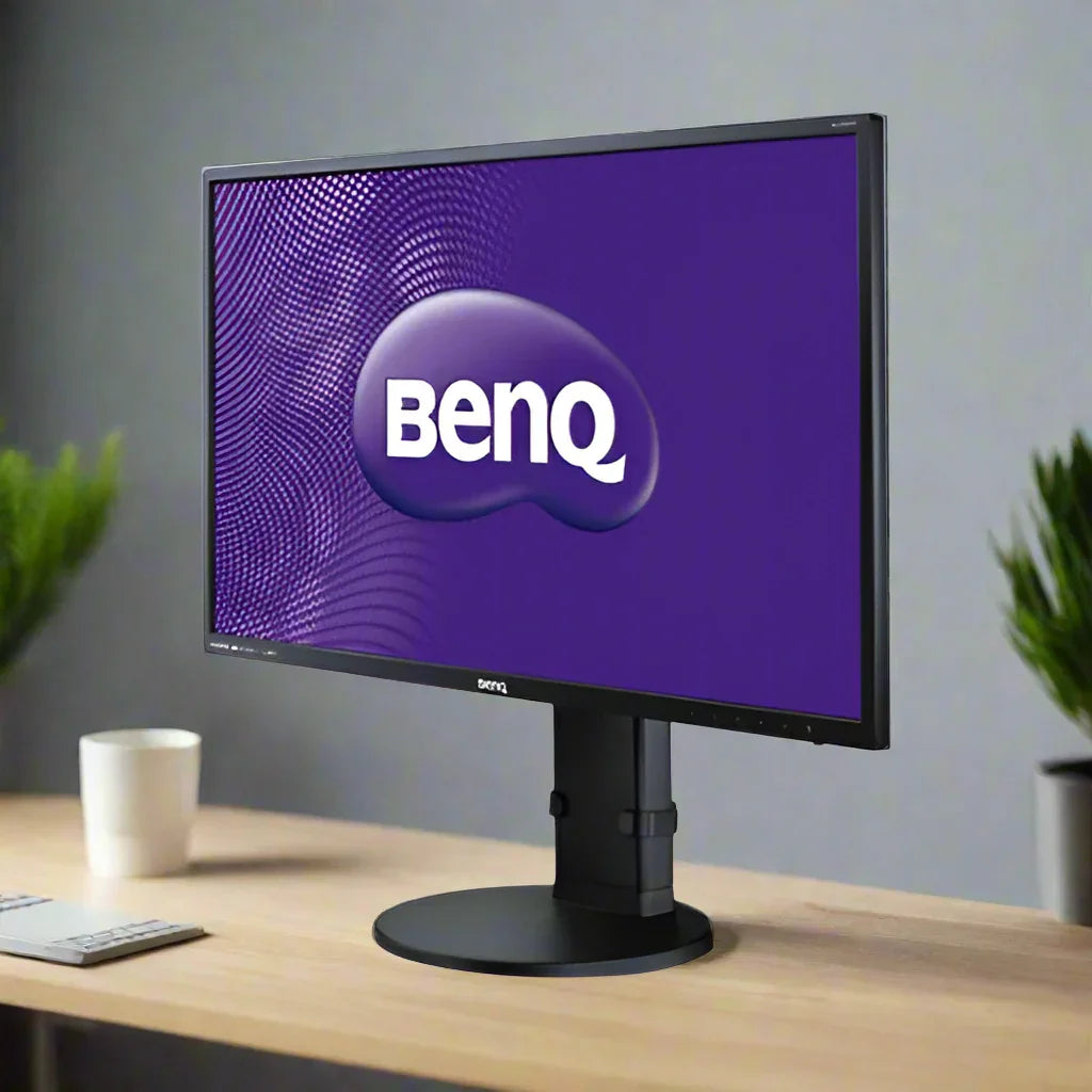 A refurbished BenQ BL2700 28 AMVA+ 1920x1080 monitor (NO STAND) is on a desk with plants, a keyboard, and a white cup in the background; the screen shows the BenQ logo on purple.
