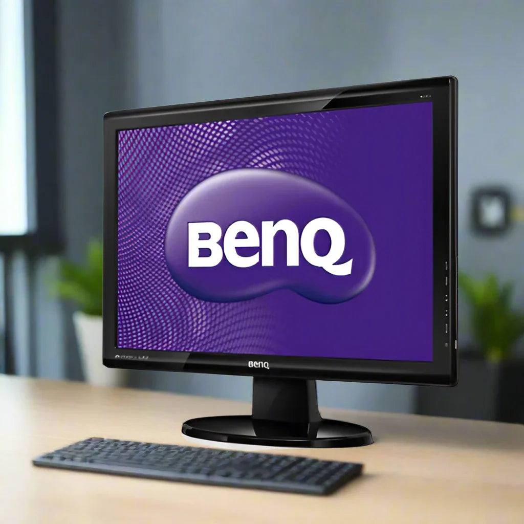 A certified refurbished black BenQ BL2211 22 16:10 LCD monitor (1680x1050, DVI, VGA, 5ms) with no stand displays a purple screen and BenQ logo on a stylized oval background against a white backdrop.