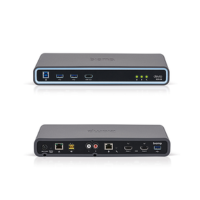 Front and back views of the Biamp Devio SCR‑20 Conference Hub by Biamp, a compact gray device with HDMI, USB, Bluetooth, Ethernet, audio ports, and indicator lights—ideal for small conference rooms.