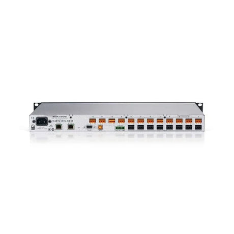 The NEC Biamp Tesira Forte AVB CI Digital Signal Processor | Wty features multiple Ethernet ports, indicator lights, and diverse input/output connections, shown mounted on a white background.