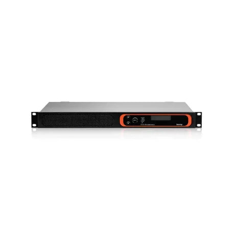 The NEC Biamp Tesira Forte DAN CI Digital Signal Processor | Wty is a black and orange rack-mounted device with a mesh front panel, display, buttons, indicator lights, and Dante audio networking, shown isolated on a white background.
