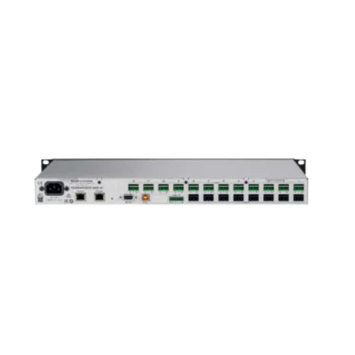 The NEC Biamp Tesira Forte DAN CI Digital Signal Processor is a 1U rack-mounted unit with green and black Ethernet ports, LED indicators, power input, and Dante interfaces—perfect for connecting Dante audio networking devices.