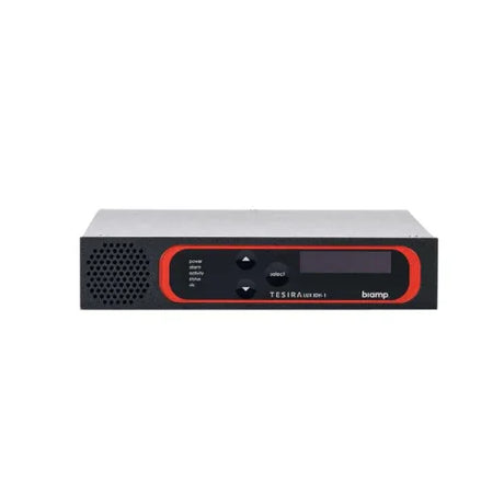 A black NEC Biamp TesiraLUX IDH-1 AVB/TSN Video Encoder | Wty, featuring a small speaker grill, display screen, control buttons, and red trim, is photographed on a white background.