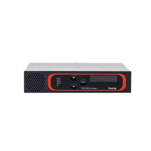 A black NEC Biamp TesiraLUX IDH-1 AVB/TSN Video Encoder | Wty, featuring a small speaker grill, display screen, control buttons, and red trim, is photographed on a white background.