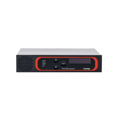 A refurbished NEC Biamp TESIRA LUX OH-1 4K60 AVB/TSN Video Decoder from Reboot IT, with a black and red front panel featuring a speaker grill, display, buttons, and indicator lights, shown against a plain white background.