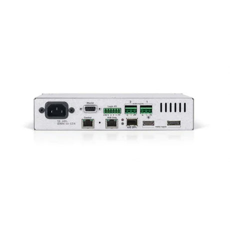 The image shows the back panel of a refurbished NEC Biamp TESIRA LUX OH-1 4K60 AVB/TSN Video Decoder (Reboot IT) with ports for power, RS-232, Ethernet, USB, audio, and multiple green terminal block connectors.