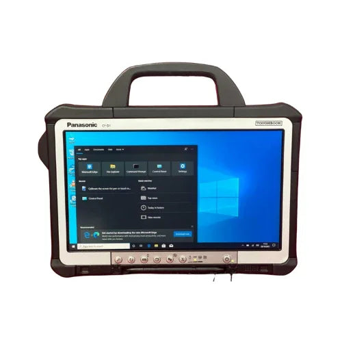A certified refurbished Panasonic Toughbook CF-D1 MK3 with i5 6300, 4GB RAM, 240GB SSD, and 13.3" touchscreen displays Windows 10 Pro on a white background. Built rugged for tough environments; includes warranty.