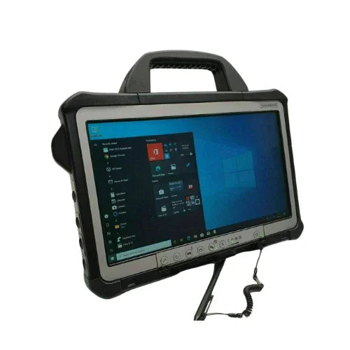 A certified refurbished Panasonic Toughbook CF-D1 MK3 (i5 6300, 4GB, 240GB SSD, 13.3" Touch, Windows 10 Pro) features a black rugged design with handle, protective casing, ports, buttons, and a coiled cable for durability.