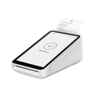The Square Terminal 1st Gen V2 is a sleek white 5.5" all-in-one payment terminal by Square Terminal, featuring a touchscreen with "Transaction Approved" and an integrated receipt printer—ideal for efficient, modern business transactions.