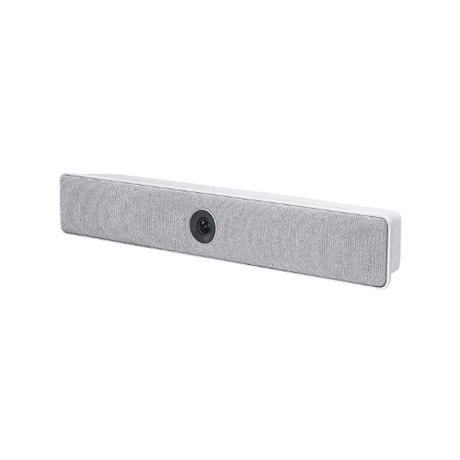 A rectangular, white Cisco CS-KIT-MINI Room Kit Mini video conferencing system by Cisco features a gray fabric front and central camera lens, shown against a plain white background.