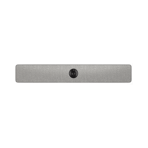 The Cisco CS-KIT-MINI Room Kit Mini | Wty is a light gray, rectangular soundbar with a central camera lens, designed for mounting above or below display screens—perfect for video conferencing setups.