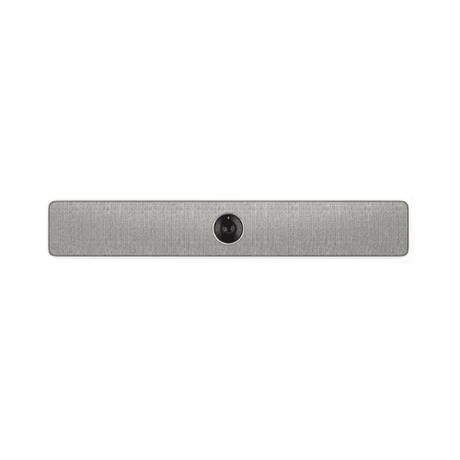 The Cisco CS-KIT-MINI Room Kit Mini | Wty is a light gray, rectangular soundbar with a central camera lens, designed for mounting above or below display screens—perfect for video conferencing setups.