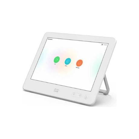 The refurbished white Cisco TelePresence CS-TOUCH10 Room Navigator by Cisco, featuring a stand and intuitive interface with call, share, and message icons—ideal for easy room management and video conferencing control.