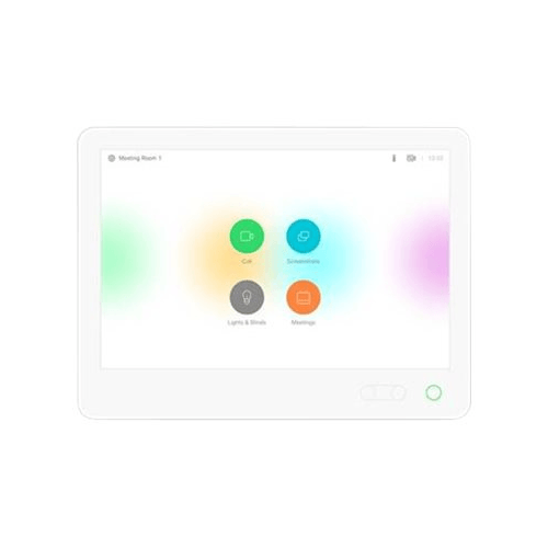 The refurbished Cisco TelePresence CS-TOUCH10 Room Navigator features four vibrant icons—Call, Screenshare, Lights & Blinds, and Manage—for intuitive room management and video conferencing on a sleek white display.