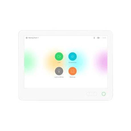 The refurbished Cisco TelePresence CS-TOUCH10 Room Navigator features four vibrant icons—Call, Screenshare, Lights & Blinds, and Manage—for intuitive room management and video conferencing on a sleek white display.