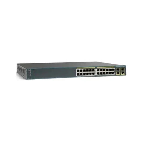 A certified refurbished Cisco WS-C2960+24LC-L Catalyst 24-Port 10/100 PoE switch by Cisco, in a rack-mountable metal case with 2 extra right-side ports, is displayed against a white background.