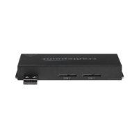 A certified refurbished black USB hub with SIM1 and SIM2 HDMI ports, a left-side USB connector, compatible with the Cradlepoint MC400LP5 Modular LTE Cat 6 Modem by Cradlepoint.