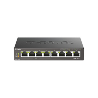 The D-Link DGS-1008P is an unmanaged 8-port Gigabit PoE switch, featuring indicator lights above each port for reliable wired connections.