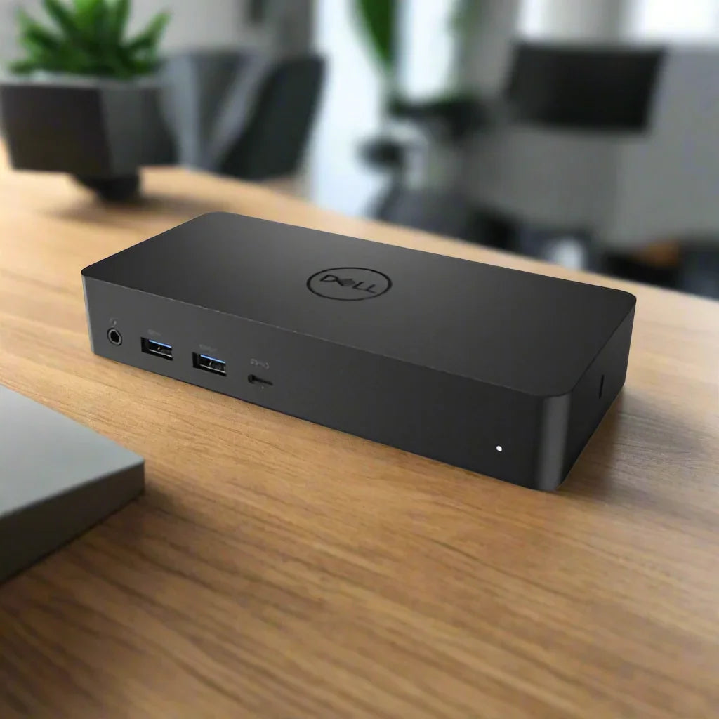 A certified refurbished Dell D6000 USB 3.0 HDMI Display Ports Docking Station by Dell rests on a wooden desk with visible front ports, office furniture and potted plants blurred behind—ideal for versatile multi-monitor setups. Adapter included.
