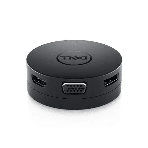 A round, black refurbished Dell DA300 USB-C HDMI VGA DP Portable Docking Station from Dell, with HDMI, VGA, and USB ports on the front and the Dell logo centered on top, is shown against a plain white background.