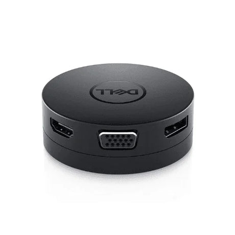 A round, black refurbished Dell DA300 USB-C HDMI VGA DP Portable Docking Station from Dell, with HDMI, VGA, and USB ports on the front and the Dell logo centered on top, is shown against a plain white background.