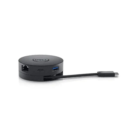 A refurbished Dell DA300 USB-C HDMI VGA DP Portable Docking Station by Dell, black and round with a short USB-C cable, offering Ethernet, HDMI, USB-A, and more ports, is displayed on a white background.