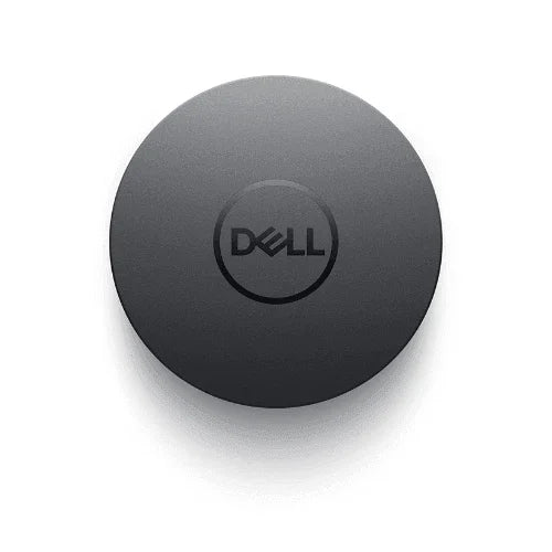 A round, black refurbished Dell DA300 USB-C Portable Docking Station by Dell rests on a white background. The centered Dell logo highlights its smooth, matte finish and compact design, ideal for portable HDMI, VGA, and DP connectivity.