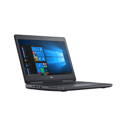 A Dell Precision 7520 i7 7820HQ laptop with a 15.6" display is open and powered on, showing the Windows Start menu. Viewed from the side against a white background, it features 32GB RAM, 512GB storage, and M2200 graphics.