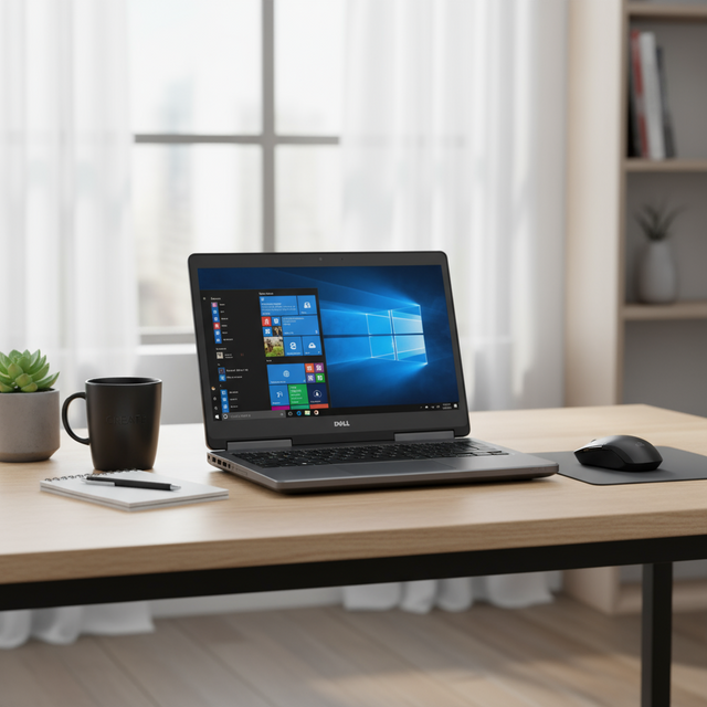 A Dell Precision 7520 i7 7820HQ 15.6" mobile workstation with Windows 11 Pro sits on a wooden desk beside a black mug, notepad, pen, mouse, and potted plant, with a window with sheer curtains in the background.