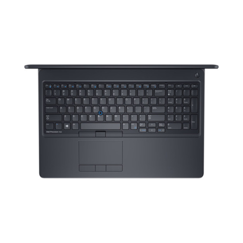 Top view of a Dell Precision 7520 i7 7820HQ laptop’s black keyboard with touchpad and dedicated trackpad buttons, centered on a white background; features function keys and a top-right power button.
