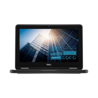 A black Dell Chromebook 3100 2-in-1 N4020 (11.6" Touch, 4GB/32GB SSD) is shown open, displaying modern glass skyscrapers reflecting sunlight.