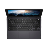 A black Dell Chromebook 3100 2-in-1 N4020 (11.6" Touch, 4GB RAM, 32GB SSD) is seen from above, highlighting its keyboard, touchpad, and a blue geometric cityscape displayed on the screen.