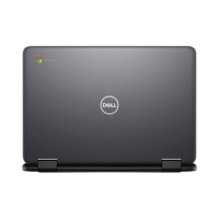 A closed Dell Chromebook 3100 2-in-1 is viewed from the back, with the Dell logo centered and Chrome logo top left. This rugged, dark gray 11.6" touchscreen Chromebook features visible hinges at the bottom.