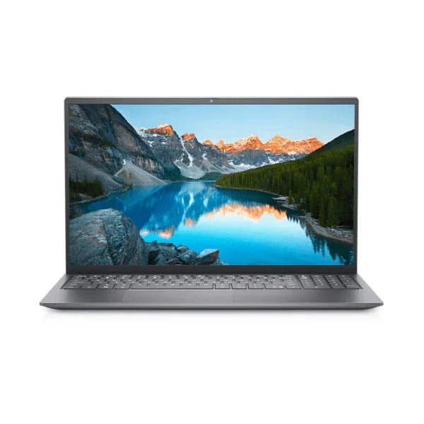 The Dell Inspiron 5510 i7 11390H 15.6" laptop by Dell, shown front-on with a vivid lake and mountain scene onscreen, blends powerful specs and stylish design—ideal for those seeking affordable yet sleek laptops.