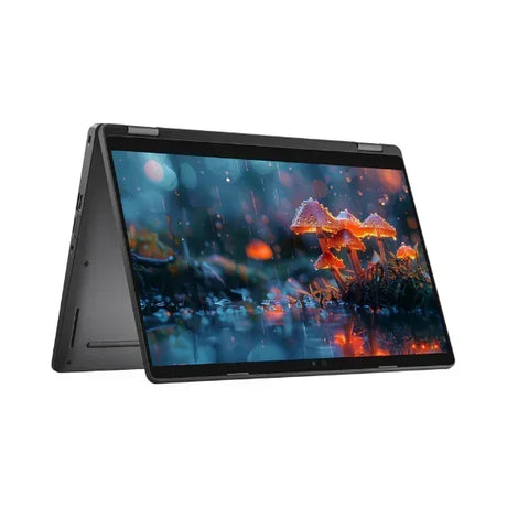 A certified refurbished Dell Latitude 5300 2-in-1 13.3" touchscreen laptop in tent mode shows glowing orange mushrooms and raindrops on a vibrant display, highlighting its vivid screen quality.