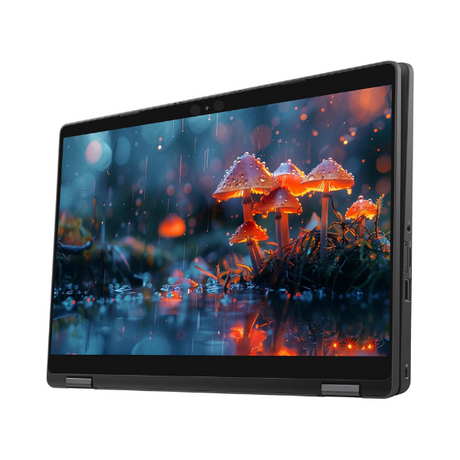 The Dell Latitude 5300 2-in-1 displays a vivid digital image of glowing orange mushrooms in a rainy, colorful forest, with reflections shimmering on the wet surface.