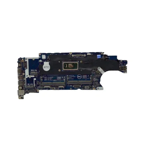 A close-up of the Dell Latitude 5410 i5 10210U 1.6GHz Motherboard (02FGH4) by Dell, showing chips and labeled components on a white background. Certified refurbished for reliability and backed by warranty.