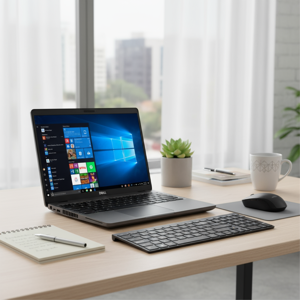 A certified refurbished Dell Latitude 5500 i7-8665U 32GB 512GB SSD 15.6" Windows 11 Pro business laptop sits on a desk.